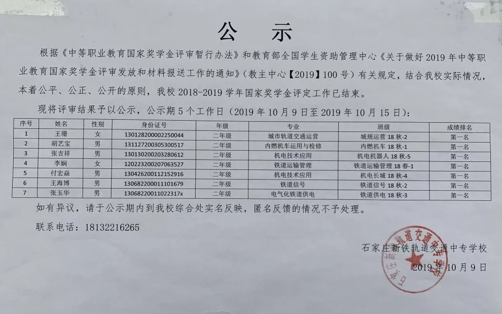 石家莊鐵路技校國家獎學金公示 學校新聞